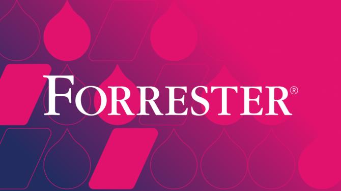 Navy to pink gradient with drop and parallelogram line art background featuring the forrester logo